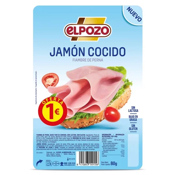 Jamón cocido Elpozo sobre 80 g - 0.08 ud - Imagen del producto en Findit