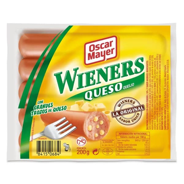 Salchichas cocidas wieners con queso Oscar mayer bolsa 200 g - 1 ud - Imagen del producto en Findit