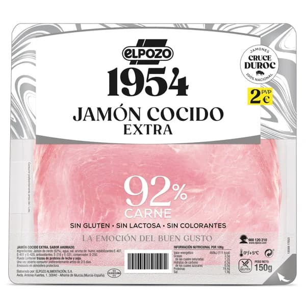 Jamón cocido extra Elpozo 1954 sobre 150 g - 0.15 kg - Imagen del producto en Findit
