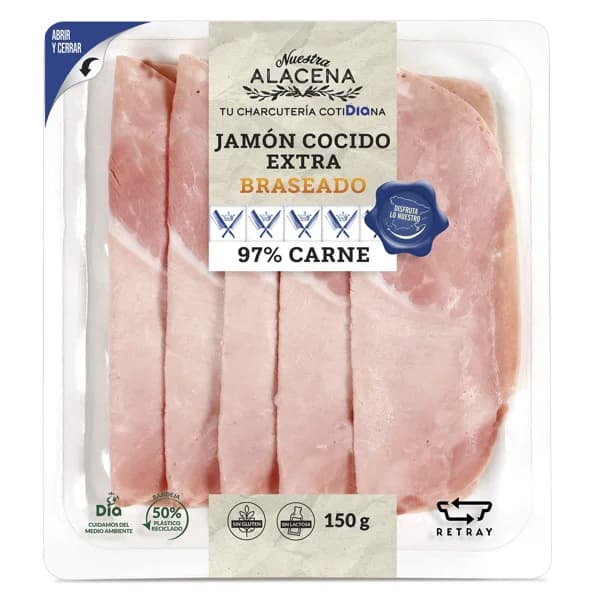 Jamón cocido extra braseado  Nuestra Alacena de Dia sobre 150 g - 0.15 kg - Imagen del producto en Findit