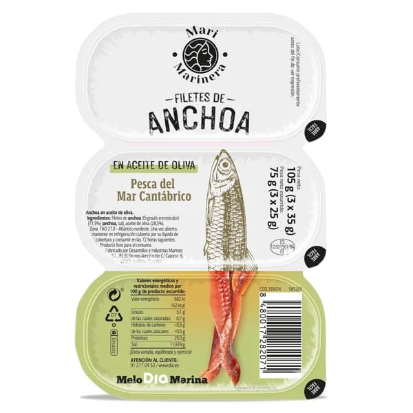 Anchoa del Cantábrico en aceite de oliva Mari Marinera de Dia pack 3 x 25 g - 0.08 kg - Imagen del producto en Findit