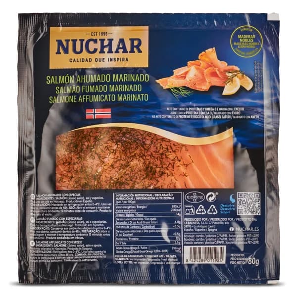 Salmón ahumado marinado Nuchar sobre 80 g - 1 ud - Imagen del producto en Findit