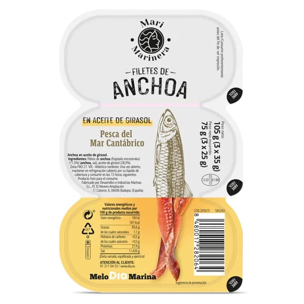 Filetes de anchoa del Cantábrico en aceite de girasol Mari Marinera de Dia pack 3 x 25 g - 0.08 kg - Imagen del producto en Findit
