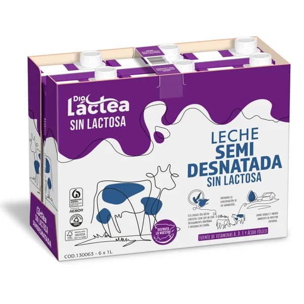 Leche semidesnatada sin lactosa Dia Láctea brik 6 x 1 l - 6 l - Imagen del producto en Findit