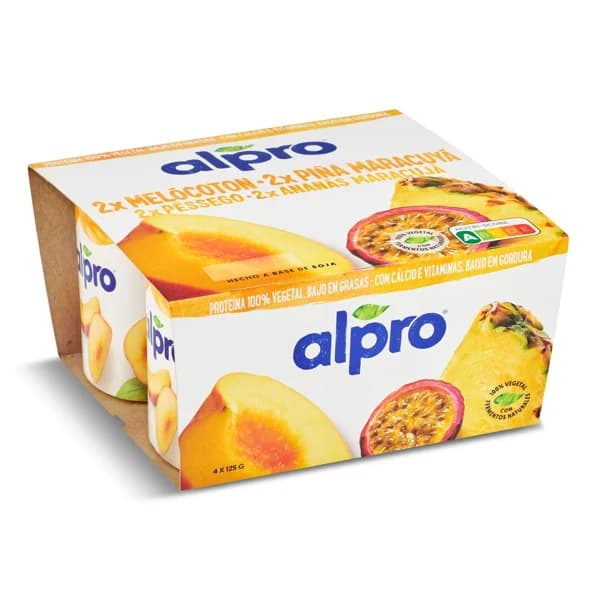 Postre de soja sabor melocotón, piña y fruta de la pasión Alpro pack 4 x 125 g - 0.5 ud - Imagen del producto en Findit