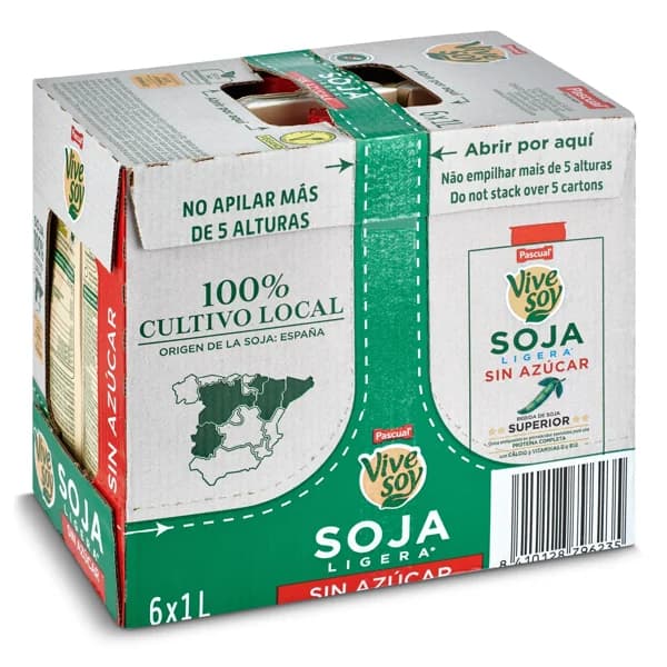 Bebida de soja ligera sin azúcar Pascual Vivesoy pack 6 x 1 l - 1 ud - Imagen del producto en Findit
