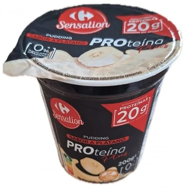 Pudding desnatado sabor plátano proteína plus Sensation Carrefour sin gluten y sin azúcar añadido 200 g. - 0.2 kg - Imagen del producto en Findit