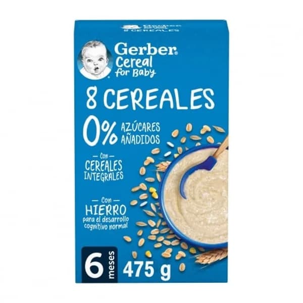 Papilla infantil desde 6 meses 8 cereales Gerber sin azúcar añadido 475 g. - 1 ud - Imagen del producto en Findit