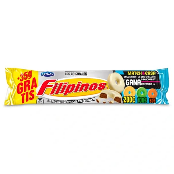 Roscos de galleta con chocolate blanco Artiach Filipinos bolsa 93 g + 35 g gratis - 0.13 kg - Imagen del producto en Findit