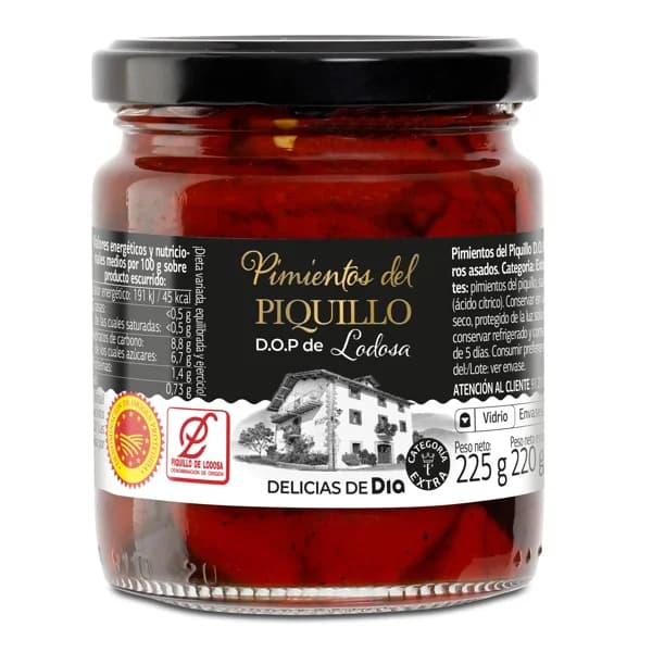 Pimientos de piquillo D.O.P. de Lodosa Delicias de Dia frasco 220 g - 0.22 kg - Imagen del producto en Findit