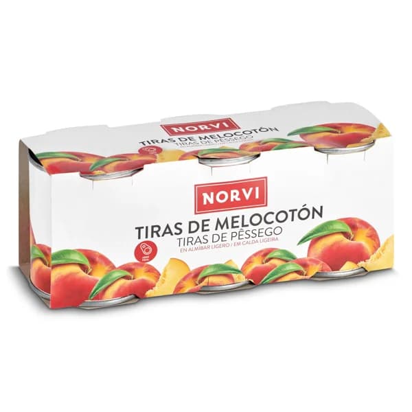 Tiras de melocotón en almíbar Norvi lata 3 x 115 g - 1 ud - Imagen del producto en Findit