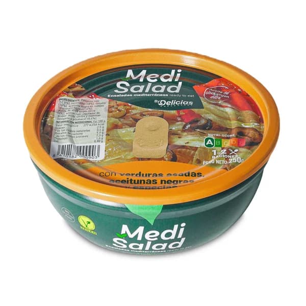 Ensalada con verduras asadas, aceitunas negras y especias Medisalad lata 250 g - 1 ud - Imagen del producto en Findit