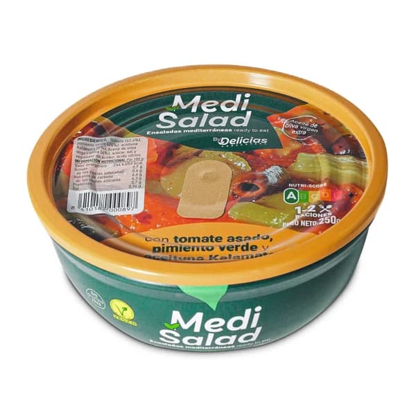 Ensalada tomate asado, pimiento verde y aceituna kalamata Medisalad lata 250 g - 1 ud - Imagen del producto en Findit