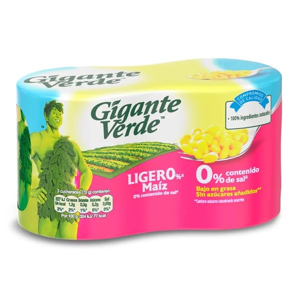 Maíz ligero 0% sal Gigante Verde lata 2 x 140 g - 0.28 kg - Imagen del producto en Findit