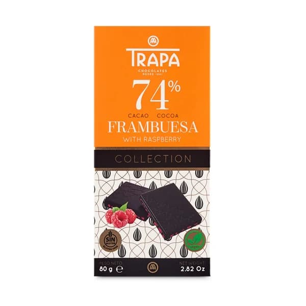 Chocolate 74% cacao con frambuesa Trapa 80 g - 0.08 kg - Imagen del producto en Findit