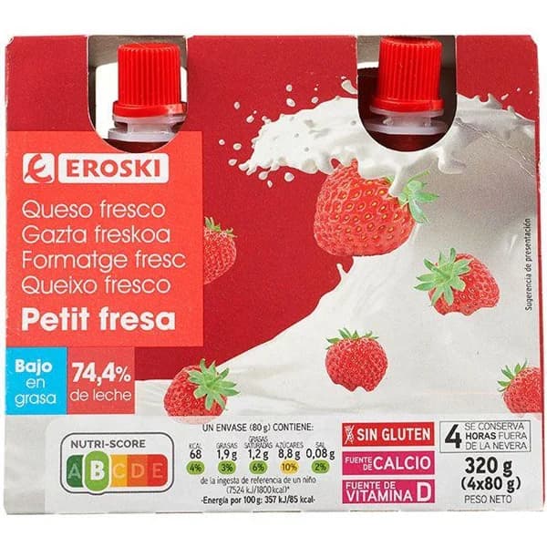 Petit de bolsillo sabor fresa EROSKI, pack 4x80 g - 1 ud - Imagen del producto en Findit