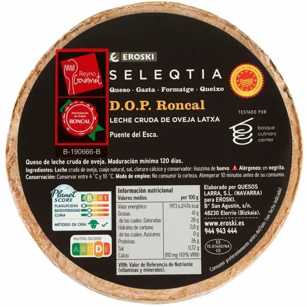 Queso Roncal mini EROSKI SELEQTIA, pieza aprox. 1 kg - 1 ud - Imagen del producto en Findit