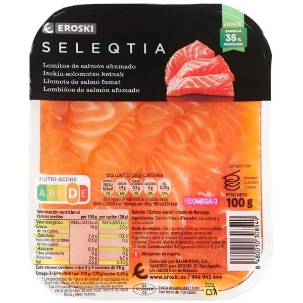Lomitos de salmón ahumado E. SELEQTIA, bandeja 100 g - 0.1 kg - Imagen del producto en Findit