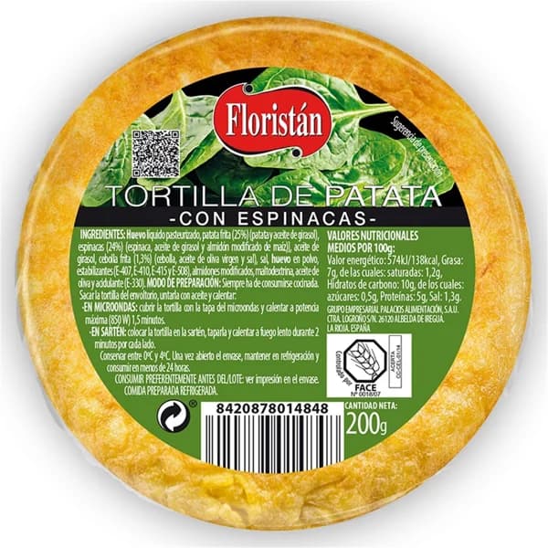 Tortilla Patata Con Espinacas - 0.2 kg - Imagen del producto en Findit