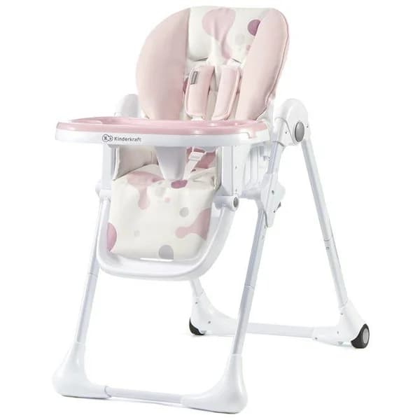 Trona Yumy blanca y rosa KINDERKRAFT.  Respaldo ajustable en 3 posiciones y regulable en 7 alturas. Arnés de seguridad de 5 puntos. Plegado fácil para facilitar el almacenamiento - 1 ud - Imagen del producto en Findit