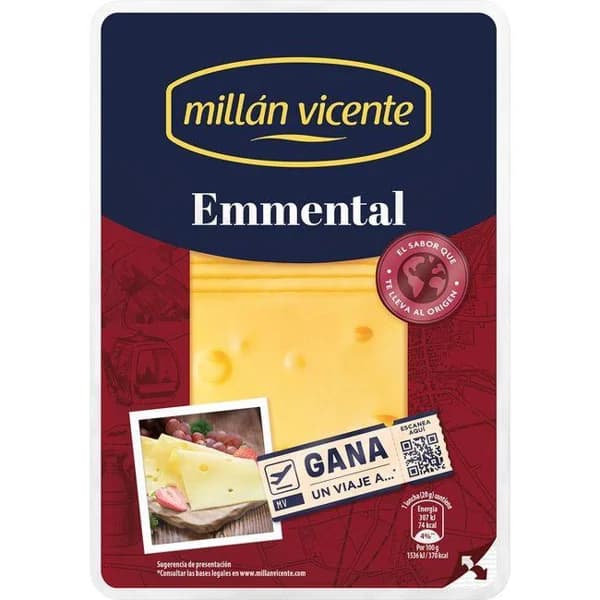 Queso Emmental MILLAN VICENTE, lonchas, bandeja 140 g - 1 ud - Imagen del producto en Findit