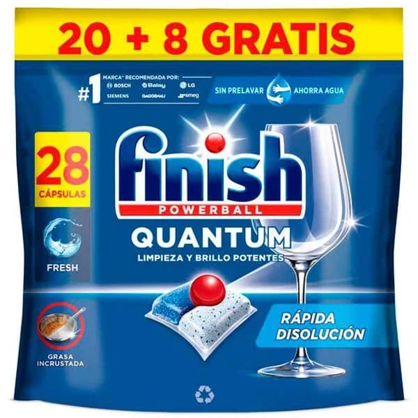 Lavavajillas máquina FINISH QUANTUM, bolsa 20+8 dosis - 8 ud - Imagen del producto en Findit