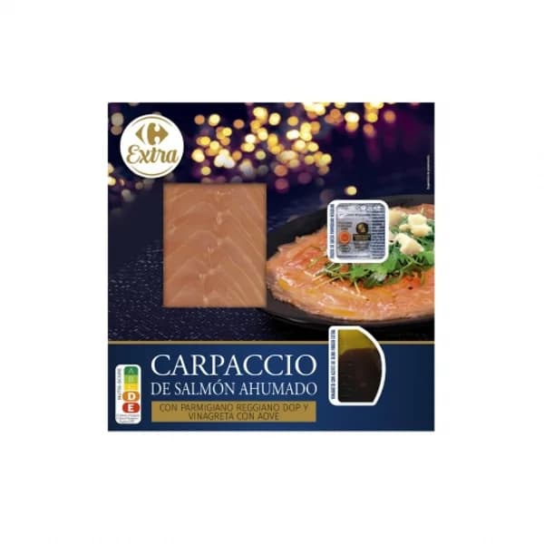Carpaccio de salmón ahumado con Parmigiano Reggiano DOP y vinagreta con aceite de oliva virgen extra Carrefour Extra 124 g. - 1 ud - Imagen del producto en Findit