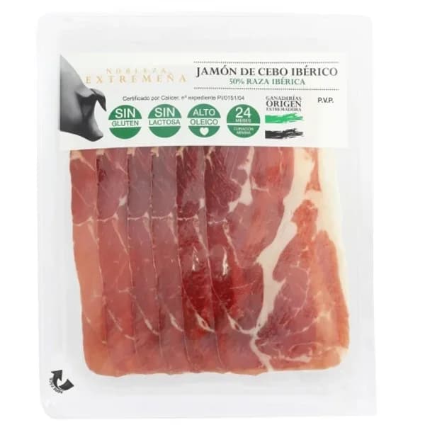 Jamón de Cebo Ibérico 50% Raza Ibérica en lonchas Nobleza Extremeña sin gluten y sin lactosa 100 g - 0.1 kg - Imagen del producto en Findit