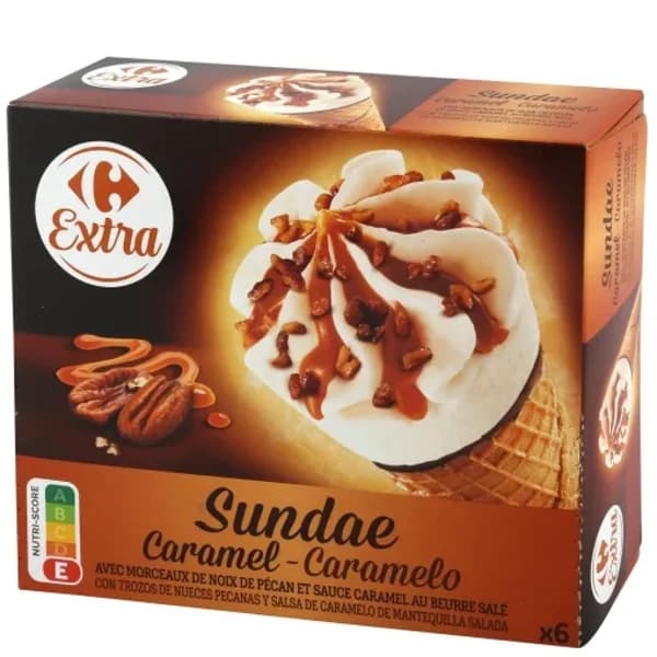 Conos con helado de nata y caramelo Carrefour Extra 6 ud. - 5.95 ud - Imagen del producto en Findit