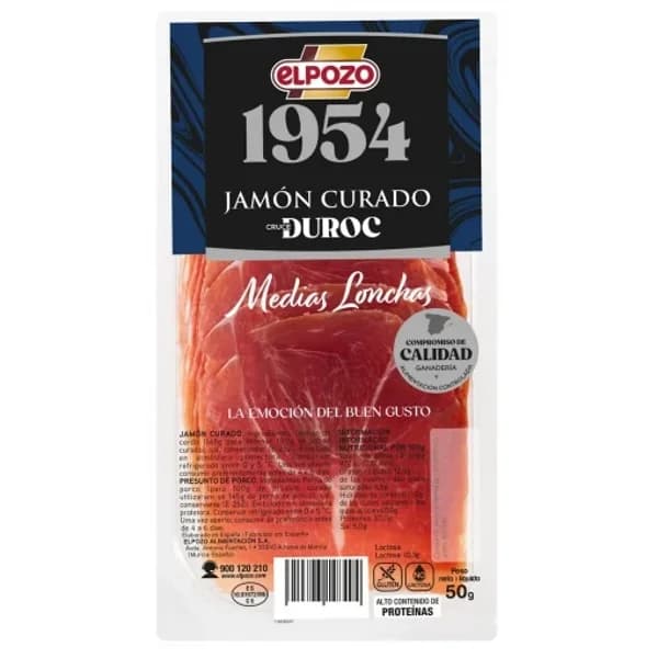 Jamón curado en medias lonchas El Pozo 1954 sin gluten y sin lactosa 50 g - 0.05 kg - Imagen del producto en Findit