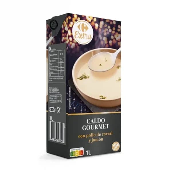 Caldo gourmet con pollo de corral y jamón Extra Carrefour sin gluten brik 1 l. - 1 l - Imagen del producto en Findit