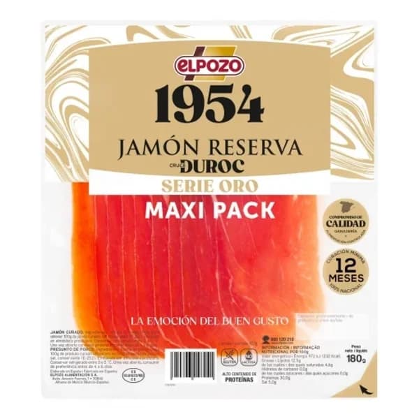 Jamón reserva curado en lonchas Serie Oro El Pozo 1954 sin gluten y sin lactosa 180 g - 0.18 kg - Imagen del producto en Findit