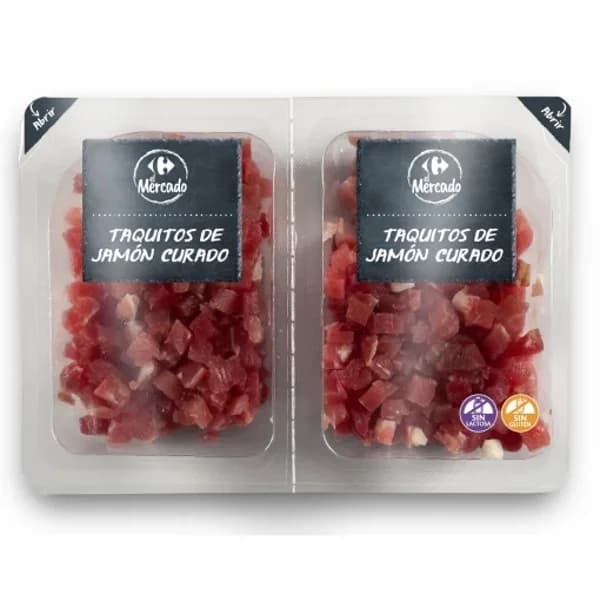 Jamón curado en taquitos Carrefour El Mercado sin gluten y sin latosa pack 2 unidades de 100 g - 0.2 kg - Imagen del producto en Findit