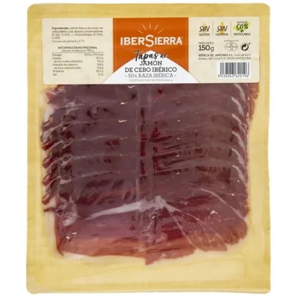 Tapa de Jamón de Cebo Ibérico 50% Raza Ibérica en lonchas Ibersierra sin gluten y sin lactosa 150 g - 0.15 kg - Imagen del producto en Findit