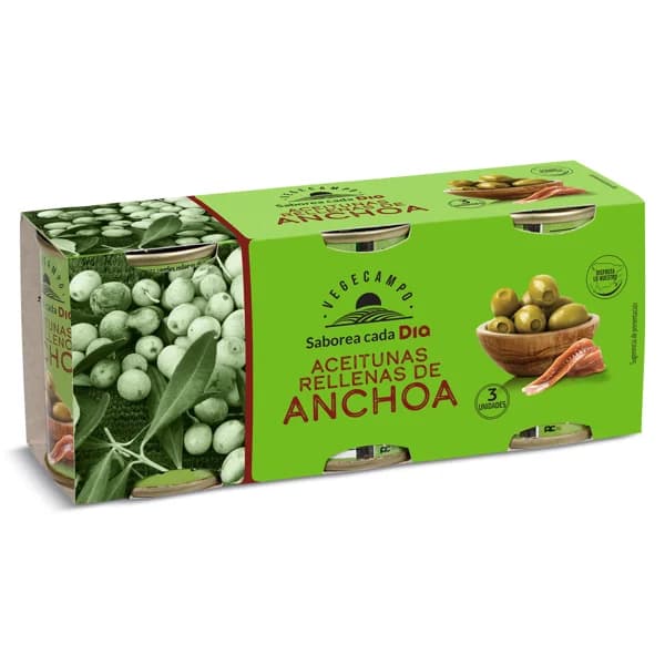 Aceitunas rellenas de anchoa Vegecampo de Dia lata 3 x 50 g - 0.15 kg - Imagen del producto en Findit