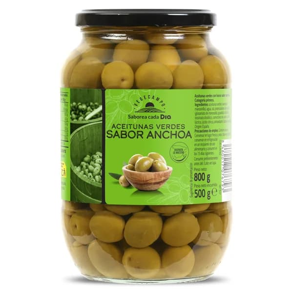 Aceitunas verdes con hueso sabor anchoa Vegecampo de Dia frasco 500 g - 0.5 kg - Imagen del producto en Findit