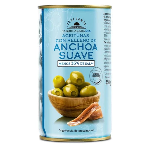 Aceitunas rellenas de anchoa suave Vegecampo de Dia lata 150 g - 0.15 kg - Imagen del producto en Findit