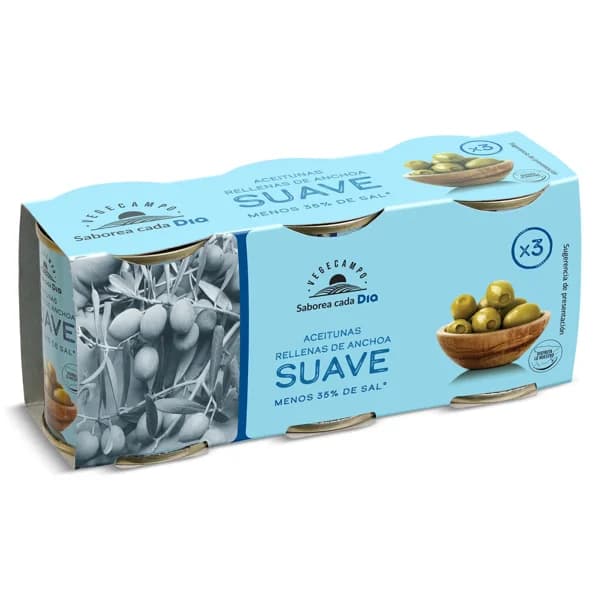 Aceitunas rellenas de anchoa suave Vegecampo de Dia lata 3 x 50 g - 0.15 kg - Imagen del producto en Findit