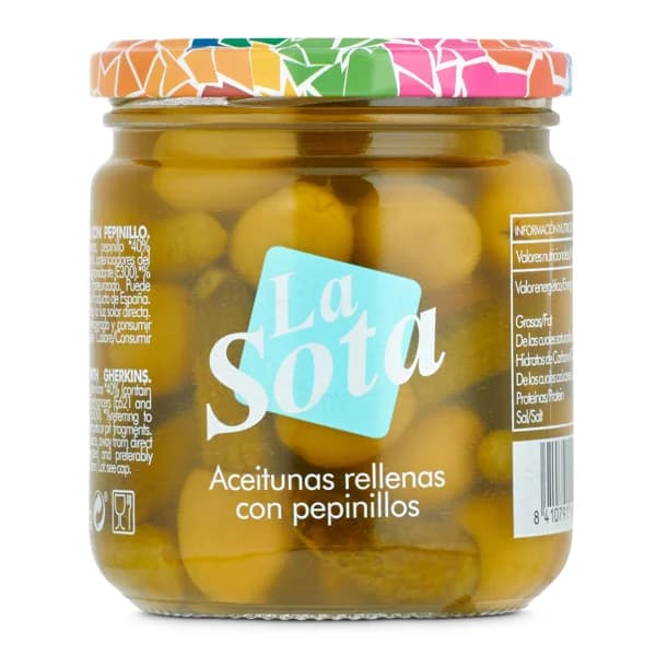 Aceitunas rellenas con pepinillos La sota frasco 180 g - 1 ud - Imagen del producto en Findit