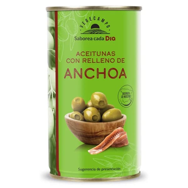 Aceitunas rellenas de anchoa Vegecampo de Dia lata 150 g - 0.15 kg - Imagen del producto en Findit