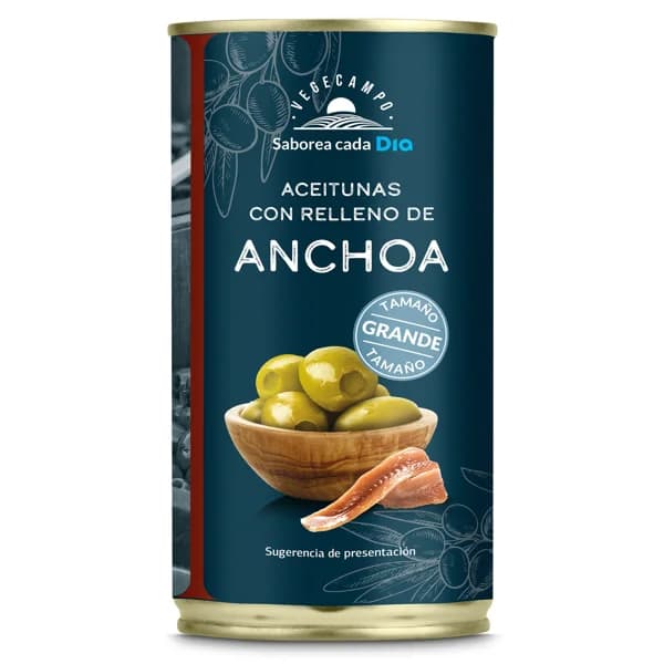 Aceitunas rellenas de anchoa grandes Vegecampo de Dia lata 150 g - 0.15 kg - Imagen del producto en Findit