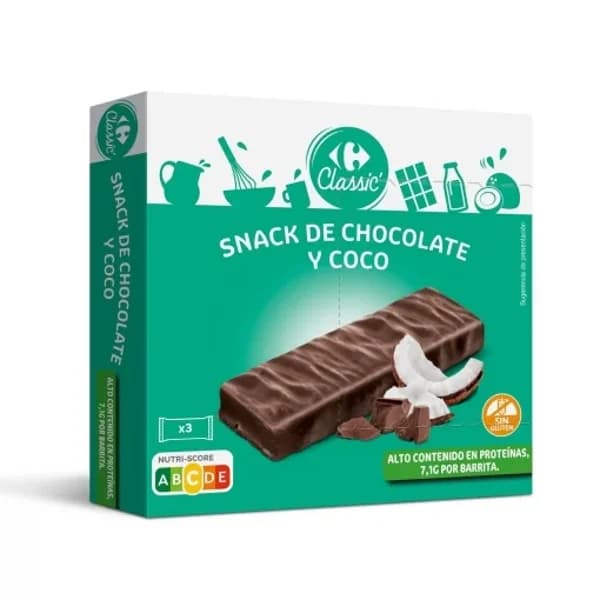 Barritas de chocolate y coco Classic Carrefour sin gluten pack de 3 unidades de 27 g. - 0.08 kg - Imagen del producto en Findit