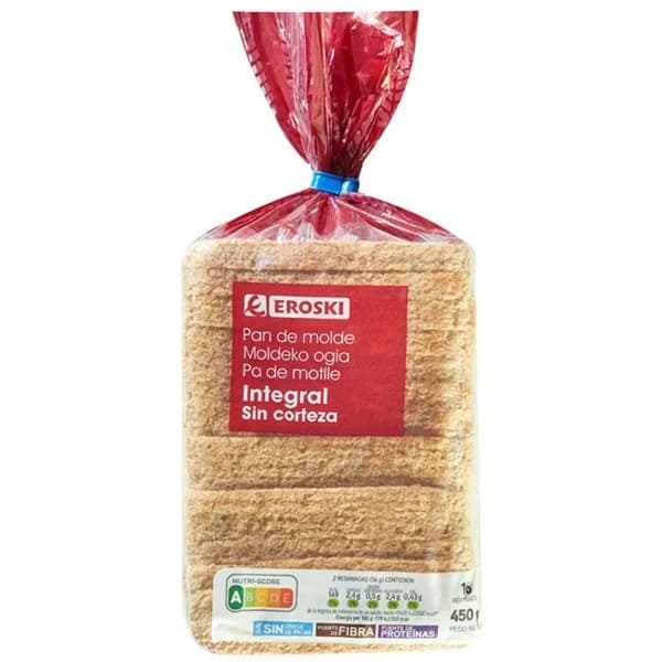 Pan de molde integral sin corteza EROSKI, paquete 450 g - 0.45 kg - Imagen del producto en Findit