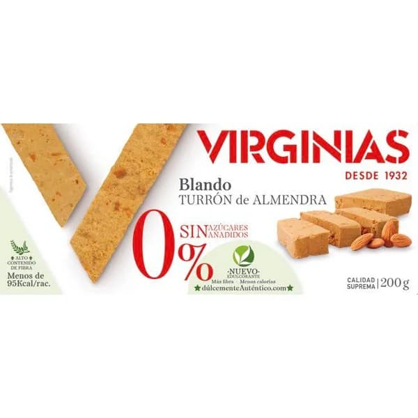 Turrón blando sin azúcar con edulcorante VIRGINIAS, caja 200 g - 1 ud - Imagen del producto en Findit