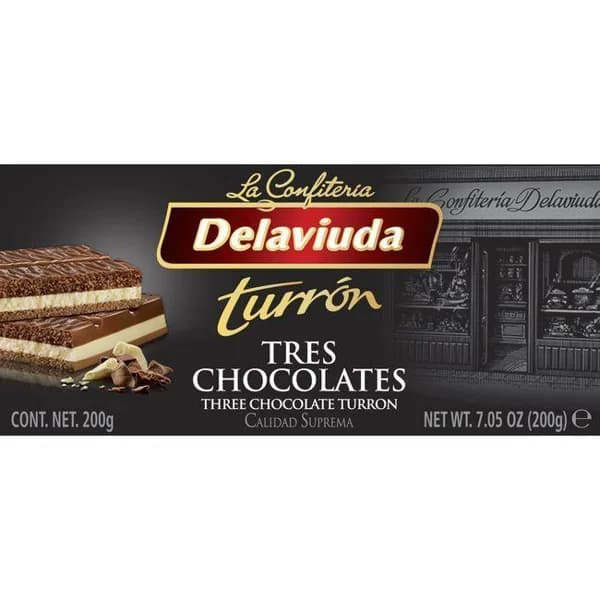 Turrón 3 chocolates DELAVIUDA, caja 200 g - 1 ud - Imagen del producto en Findit