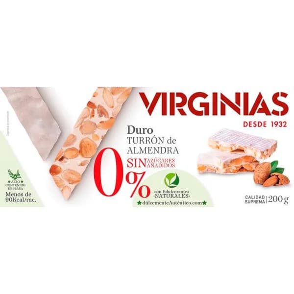 Turrón duro sin azúcar edulcorante VIRGINIAS, caja 200 g - 1 ud - Imagen del producto en Findit