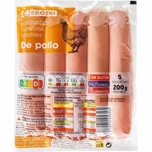 Salchichas de pollo EROSKI, sobre 200 g - 1 ud - Imagen del producto en Findit