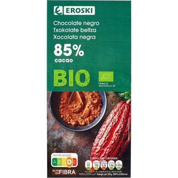 Chocolate negro 85% cacao EROSKI BIO, tableta 100 g - 1 ud - Imagen del producto en Findit