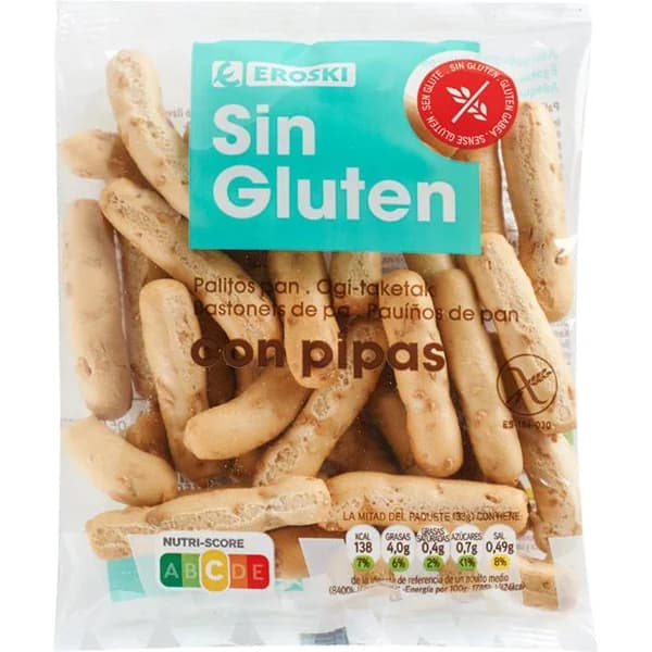 Palitos de pipas sin gluten EROSKI, bolsa 65 g - 0.07 kg - Imagen del producto en Findit