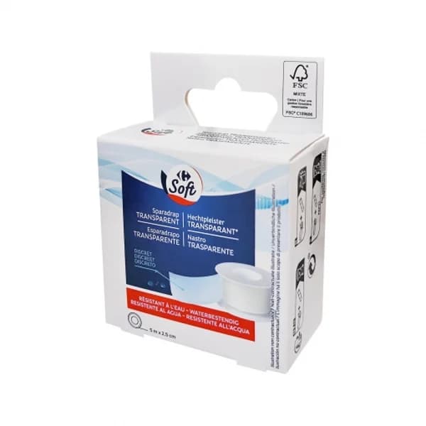 Esparadrapo transparente 5 m x 2,5 cm Carrefour Soft 1 ud. - 4.97 m - Imagen del producto en Findit